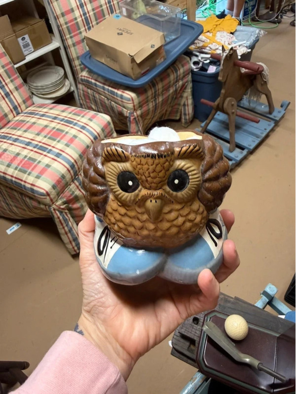 charming vintage ceramic owl planter, complete with whimsical blue sneakers